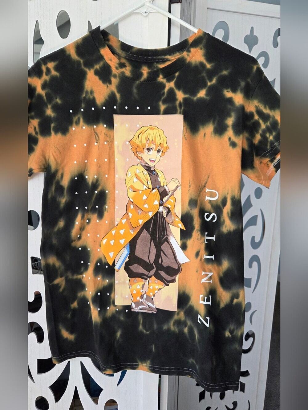 Demon Slayer Zenitsu Anime Tie Dye T-Shirt XS Black Orange Graphic Panel Tee Hot